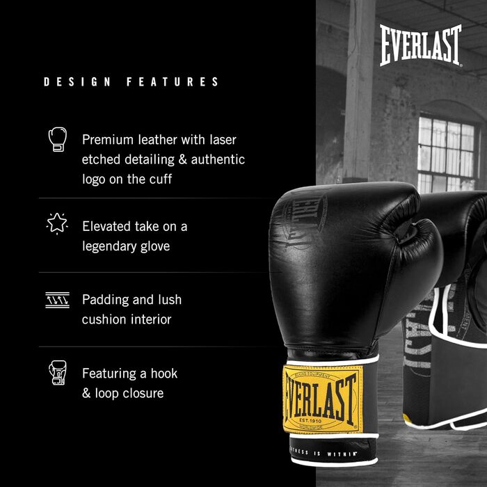 Боксерські рукавички Everlast 1910 Classic з натуральної шкіри, для тренувань з мішком та лапами, на липучці, потрійна амортизація, ергономічна ручка, оригінальні чорні Everlast 12OZ