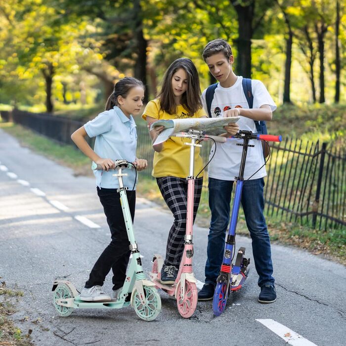 Самокат трюковий Kickscooter LED рожевий, для дітей 8-12 років та дорослих, колеса 200мм, дискові гальма, складаний, з ременем та подвійною амортизацією