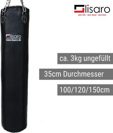 Боксерський мішок Lisaro Profi 150x35 см, штучна шкіра, порожній, для всіх видів спорту, з 4-точковим сталевим ланцюгом, студійна якість
