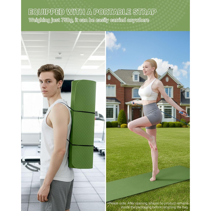 Килимок для гімнастики, йоги та фітнесу: тренувальний мат з неслизькою поверхнею 183 x 61 x 0.6 см (зелений/чорний)