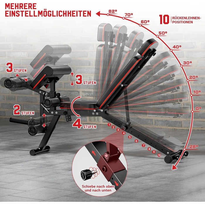 Регульована лава для тренувань XDDIAS з блоком для згинання ніг та підтримуючим валиком, до 410 кг, 10 положень спинки, для дому, багатофункціональна