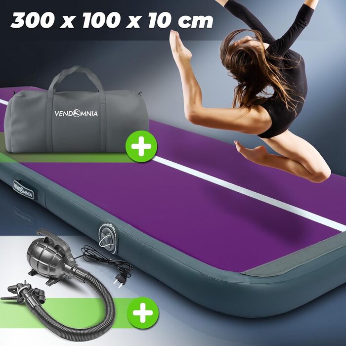 Гімнастичний надувний мат VENDOMNIA Airtrack 300×100×10 см, лілово-сірий, електрична помпа, сумка, для фітнесу, йоги, спорту, тумблінгу