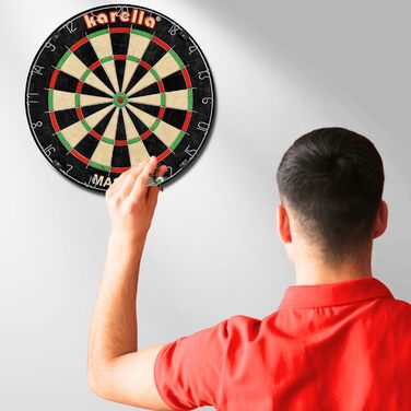 Дартборд Karella Master – професійна турнірна дартс-дошка із сизалю, набір з 2 комплектами дротиків Steeldart Blackstar та лінією кидка, для змагань і домашнього використання