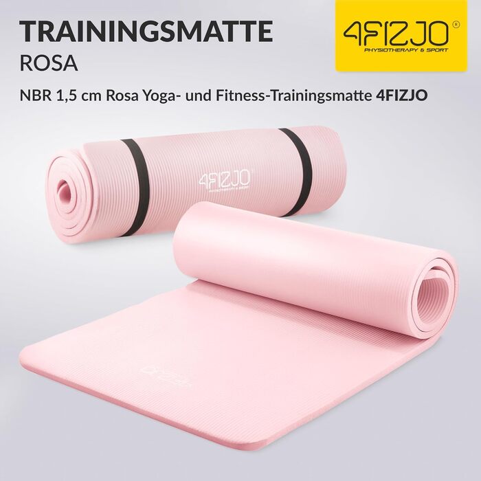 Фітнес-мат 4FIZJO 180x60 см, рожевий, 1.5 см, NBR піна, антиковзкий, для йоги, пілатесу, спорту та гімнастики, з ременем для транспортування