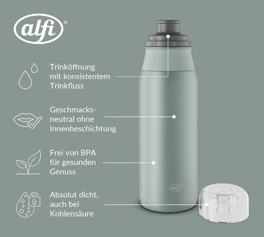 Пляшка для води alfi ELEMENT 600 мл, зелена матова, легка, з нержавіючої сталі, герметична, з гвинтовою кришкою, для газованої води, компактна, можна мити в посудомийці, без BPA