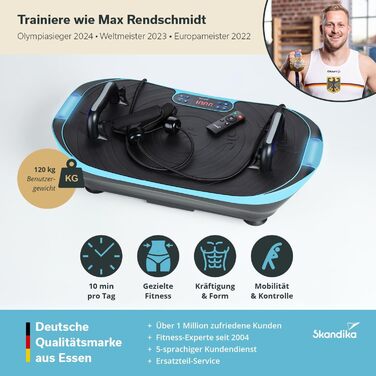 Вібраційна платформа Skandika V2 | Тренувальні ручки та стрічки, Оздоблювальна вібрація, Вигнутий дизайн, Тихий мотор, 99 рівнів, LCD-дисплей | Спортивний комплекс для дому Skandika блакитно-чорний