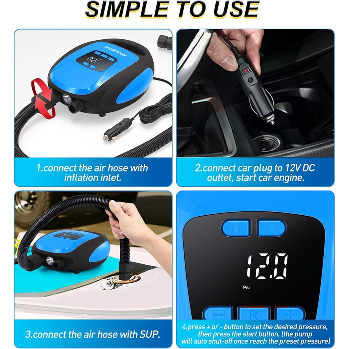 Електричний насос для SUP-дошки: портативний, 20PSI, з автовимкненням та дефляцією, 12V DC, для SUP, каяків та човнів (блакитний)