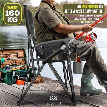 Крісло для кемпінгу KESSER® розкладне, до 160 кг | Рибальське крісло, з підлокітниками, кишенею для напоїв та світлом | Зручне крісло для пляжу та відпочинку на природі (Антрацит/Чорний)