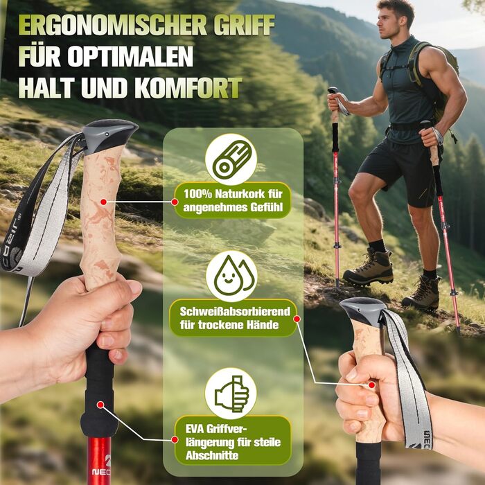 Телескопічні палиці для скандинавської ходьби з алюмінію, регульовані та складні, з корковими ручками для жінок та чоловіків, 62–135 см, червоні (Upgrade 2025)