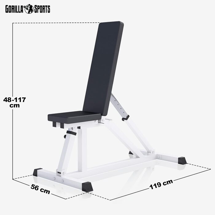 GORILLA SPORTS® Регульована лавка для жиму 200 кг, чорна/біла — тренувальна лавка, негативна, похила, універсальна для фітнесу вдома
