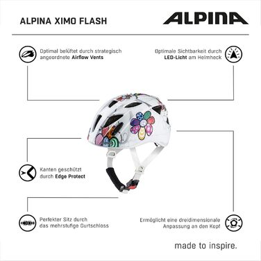 ALPINA XIMO Flash – дитячий велосипедний шолом з LED підсвіткою, відбивачами, легкий, регульований, для дітей, 49-54 см, квітковий принт, білий