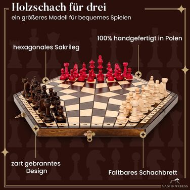 Шахи ручної роботи для 3 гравців | Master of Chess | Шахівниця середнього розміру 33x28 см | Шахи для дітей та дорослих - Engelhart Преміум якість, масивне дерево