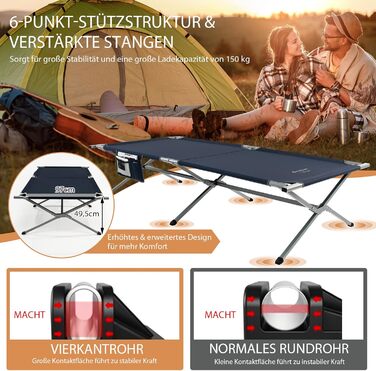 Розкладне ліжко для кемпінгу COSTWAY XXL, 214.5 x 106 см, з кишенею, до 150 кг, у комплекті сумка, блакитне розкладне ліжко для відпочинку