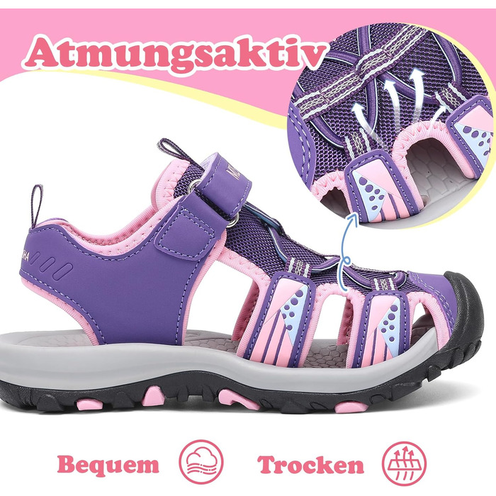 Сандалі Mishansha закриті для дівчаток літні трекінгові дитячі дихаючі, розмір 24-39 (EU, фіолетові)
