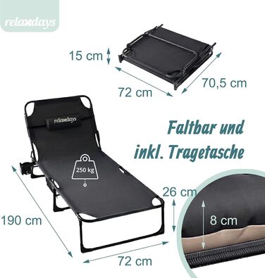 Розкладне ліжко Relaxdays для кемпінгу з матрацом та подушкою, до 250 кг, чорне (26x190x72 см)
