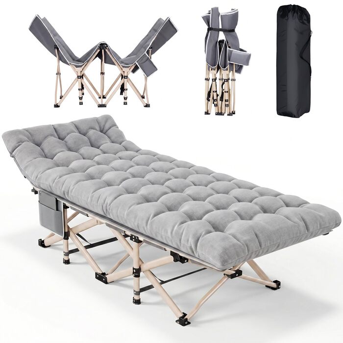 Ліжко туристичне розкладне Feldbett 7-зонне XXL 250 кг, 1200D Oxford, кут нахилу 15°, сіре – для кемпінгу, саду, палатки