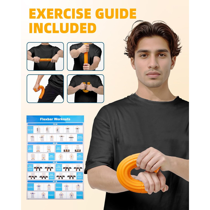 Fitense Flex Therapie Bar Kit: Розвантажувач для зап'ястя (помаранчевий) для тенісного ліктя, гольфарського ліктя та тендиніту. Тренажер для рук, збільшення сили хвата.
