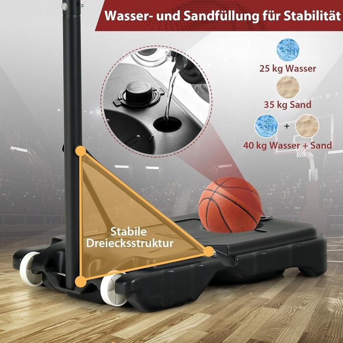 Стійка для баскетболу COSTWAY, 90-210 см, регульована висота, з кошиком та колесами, мобільна, для дітей та підлітків, внутрішнє та зовнішнє використання, червона