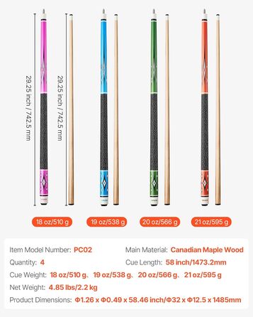 Кю (біліардна палиця) VEVOR, 147.3 см, з багатошаровим наконечником, ABS-з'єднувальний кільце, для професійного більярду, бару, дому, офісу (канадський клен, 4-секційна)
