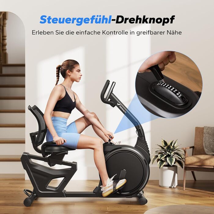 Велотренажер MERACH Liegeergometer для дому з 8 рівнями регулювання опору, легкий, з Bluetooth, LCD-дисплеєм та датчиками серцевого ритму, чорний