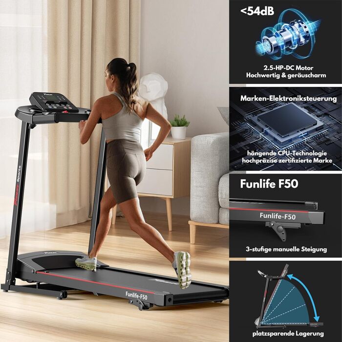 Біговий тренажер FunLife F50/F60: складаний, з регулюванням нахилу, потужний мотор 2.5PS, велика площа для бігу, керування через App & Bluetooth, для дому та фітнес-залу, вимірювання пульсу