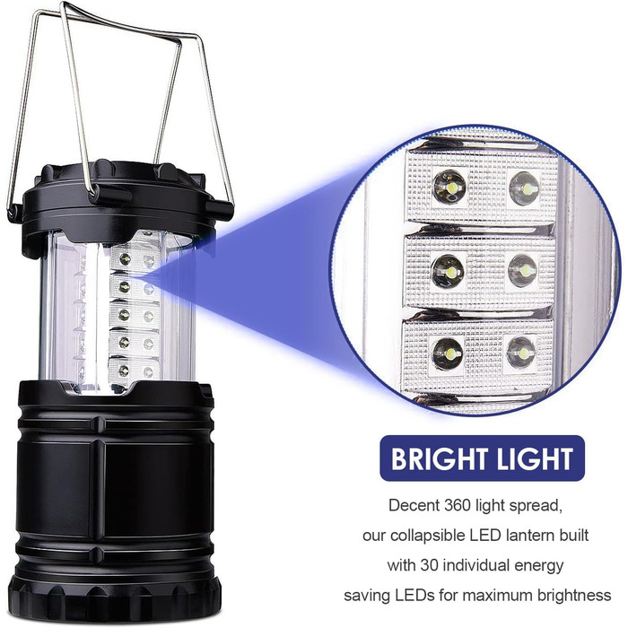 Кемпінгова лампа Diealles, 2 шт. 30 LED, водонепроникна, з гачком, для намету, походів, риболовлі, надзвичайних ситуацій, чорна