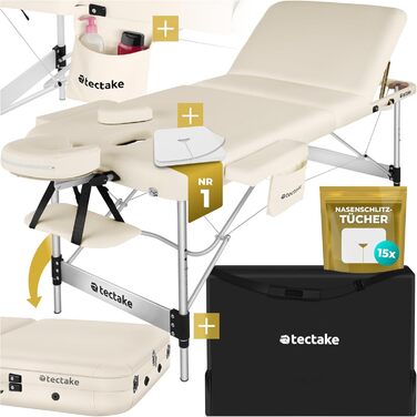 Масажний стіл Tectake 3 зони, складаний, регульована висота, з аксесуарами (головна підтримка, підлокітники, сумка) - Бежевий