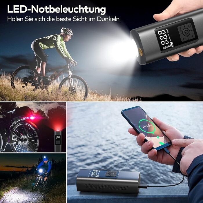 Електрична портативна насос-помпа Wistrue 150PSI з акумулятором 6000mAh, цифровим LCD-дисплеєм та функцією Powerbank для велосипедів, авто, мотоциклів і м'ячів