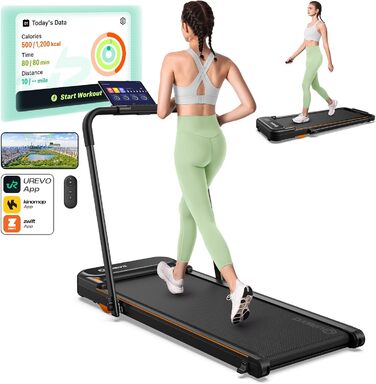 Біговий тренажер UREVO 2 в 1 з SmartCoach App, Walking pad з подвійною амортизацією, біговий доріжка з пультом керування та LED-дисплеєм, чорний та світло-жовтий, з APP