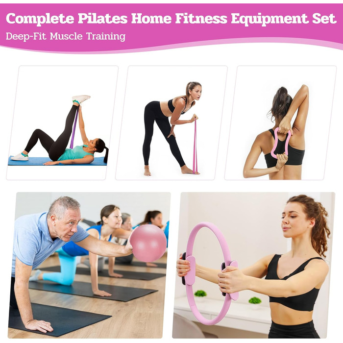 Набір для пілатесу 13 шт: кільце, фітнес-м'яч, еластичні стрічки, масажне кільце, для дому та фітнесу, рожевий