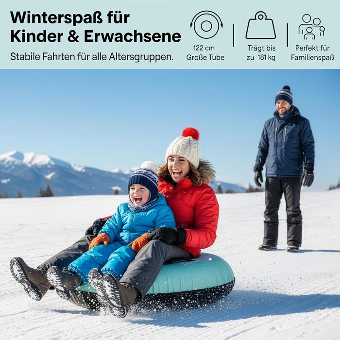 Надувний сніговий санки SereneLife – XXL, 122 см, для дітей та дорослих, з антиковзним дном та тросом.