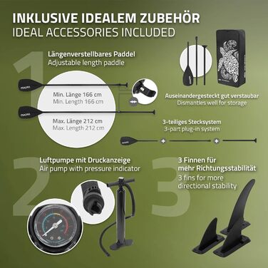 Надувний SUP Борд ECD Germany: SUP Борд Stand Up Paddle Board для Каякінгу, Розміри 305/308/320/380 см, до 120/150 кг, Товщина 10/15 см, Комплект з Рюкзаком та Сидінням для Каяка, Olive