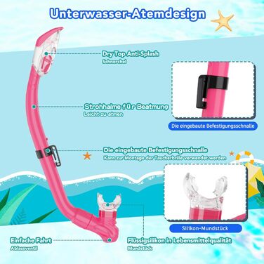 Набір для снорклінгу для дітей з ластами, маска з панорамою 180° проти запотівання, регульовані ласти, високоякісна маска для дайвінгу та сухий снорк (рожевий)