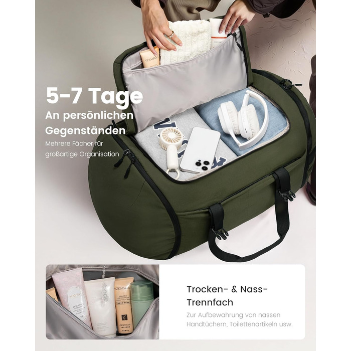 Спортивна сумка LOVEVOOK для чоловіків з відділенням для взуття, 65L, 52x45x28 см, Duffel Bag, для подорожей та спортзалу, темно-зелена