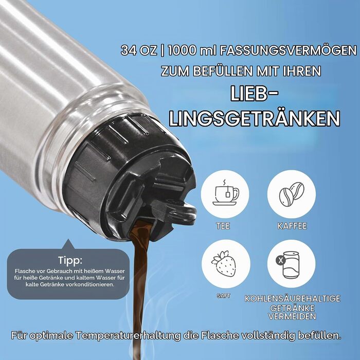 Термос Milton Thermosteel Flip Lid 1000 мл, вакуумна stainless steel пляшка для напоїв (гарячі та холодні), герметична, срібляста