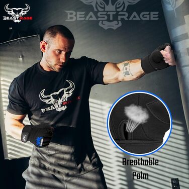 Боксерські рукавички BEAST RAGE для кікбоксингу, карате, тхеквондо. Напівпальцеві рукавички для чоловіків та жінок (XXL, чорний/синій)