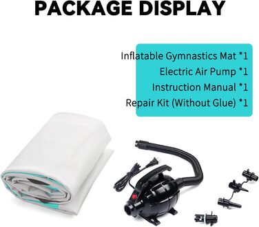 Гімнастичний мат DOBESTS Airtrack 600x100x10 см, зелений, з насосом і сумкою, надувний мат для дому, спортзалу, йоги, фітнесу, тумблінгу, висота 10/20 см, довжина 2-8 м