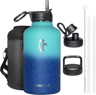 Термос Coolflask 2L із нержавіючої сталі з трубочкою, три кришки, вакуумна ізоляція, спортивна пляшка для води, для подорожей, синій градієнт