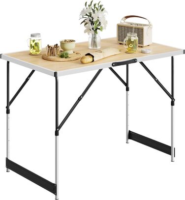 Стіл для кемпінгу, розкладний садовий, робочий, балконний від WOLTU® - регульована висота, алюміній, сталь, МДФ (світлий дуб)