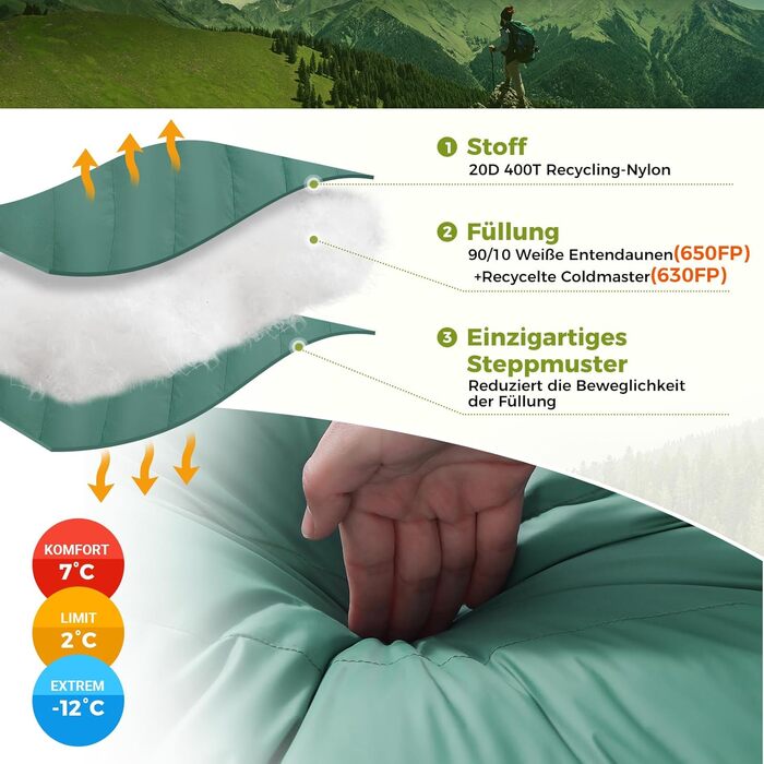 Спальний мішок ATEPA Ultraleicht Daunenschlafsack: Легкий, компактний, водонепроникний, для кемпінгу, трекінгу та рюкзакових подорожей. Комфортна температура 12°C, межа допустимої 7°C. ThermPlus Max.