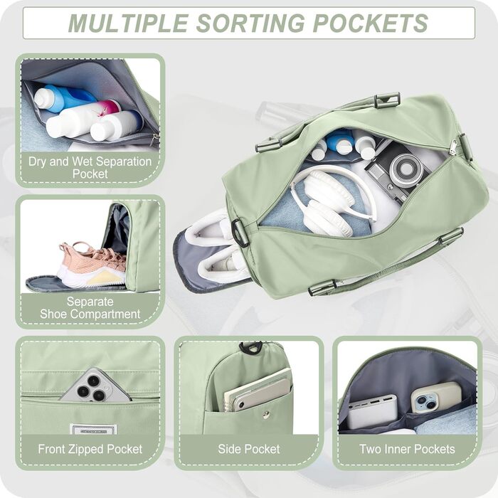 Спортивна сумка HYC00 для жінок та чоловіків: велика, з відділенням для мокрого одягу та взуття, для подорожей, спортзалу, йоги, танців, тренувань, трав'яно-зелений колір
