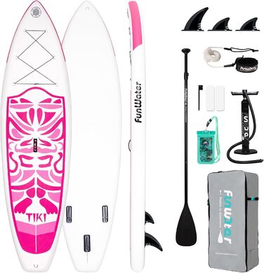 Надувний SUP (Stand Up Paddle Board) FunWater 10'6' & 11'6' з аксесуарами: весло, насос, рюкзак, плавники. Підходить для будь-якого рівня майстерності. Колір: Рожевий (Tiki).