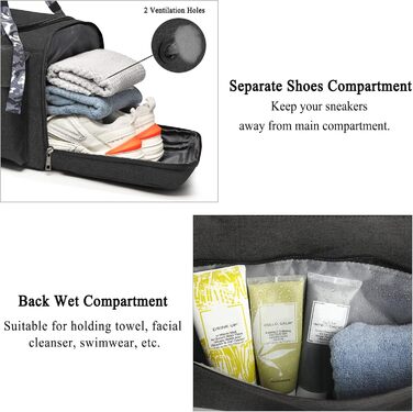 Спортивна сумка-рюкзак 3-в-1 для чоловіків з відділенням для взуття та вологих речей, чорна (22.4 x 10.6 x 11 дюймів)