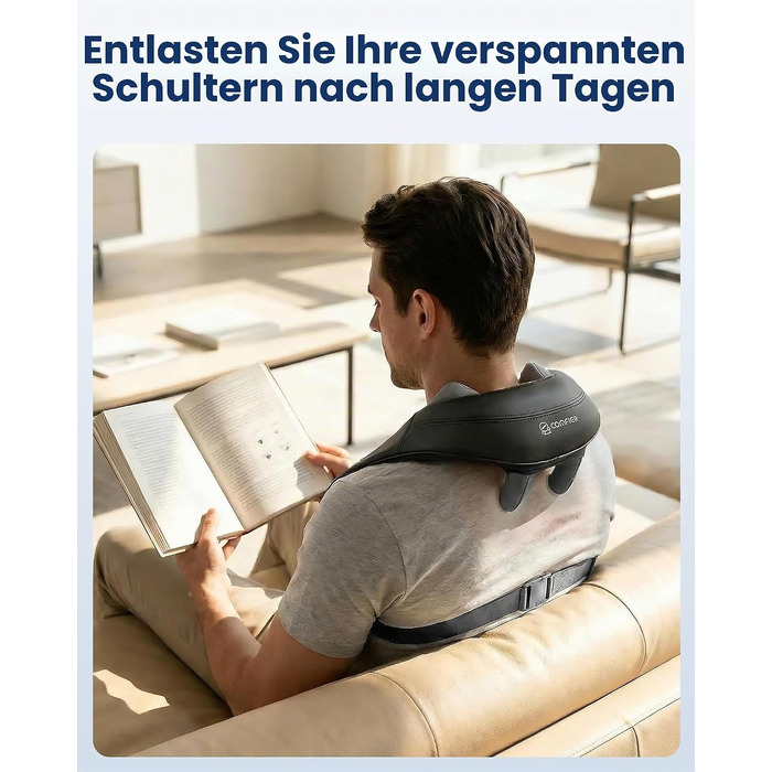 Бездротовий масажер для шиї та плечей COMFIER Shiatsu з підігрівом: 4D глибокий масаж, 3 режими, PU-шкіра, чорний