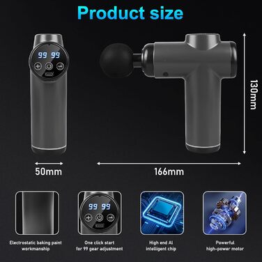 Масажер для м'язів з 99 швидкостями та 8 насадок, LCD-дисплеєм, USB-C зарядкою, для глибокого масажу та розслаблення м'язів (сірий)