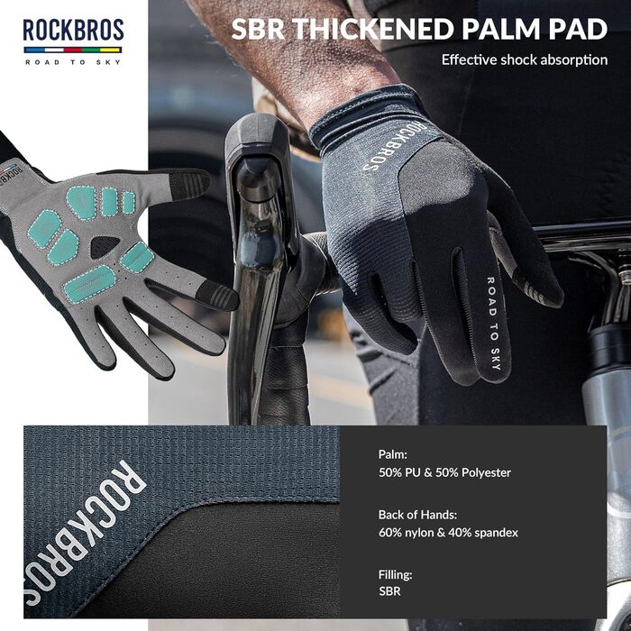 Велосипедні рукавички ROCKBROS Road to Sky: дихаючі рукавички для їзди на велосипеді з сенсорним екраном (5 пальців) для чоловіків та жінок, MTB, шосе, циклинг, зелені (L, сині)