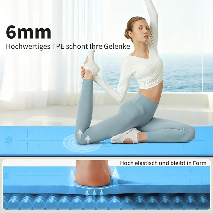 Килимок для йоги з натурального каучуку та TPE, протиковзкий, з розміткою, унікальний дизайн, з ремінєм, екологічний, для подорожей, пілатесу, йоги, фітнесу, синій, 6 мм