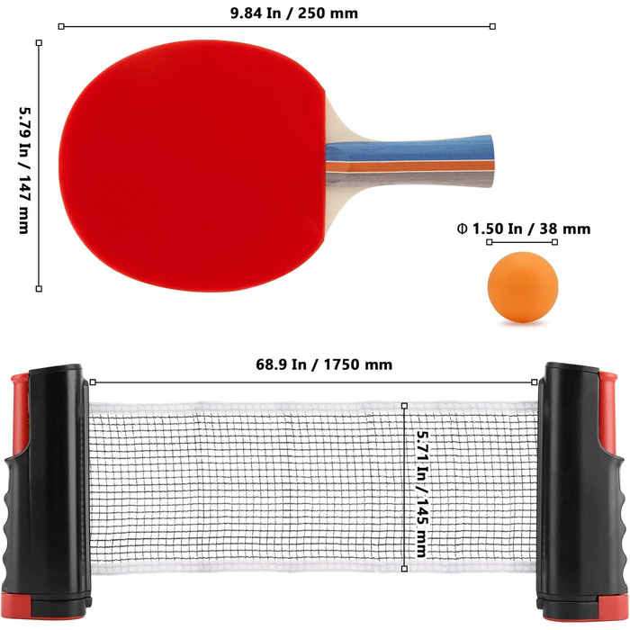 Набір для настільного тенісу MUKLEI: 4 ракетки, 6 м'ячів, розкладне сітка 175 см, сумка для перенесення. Підходить для гри на столі та на вулиці.