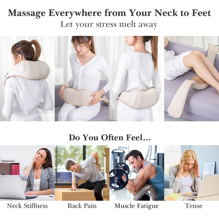 Електричний масажер для шиї та плечей Shiatsu з підігрівом, 3D ротація, 3 рівні інтенсивності, для м'язової релаксації, бежевий