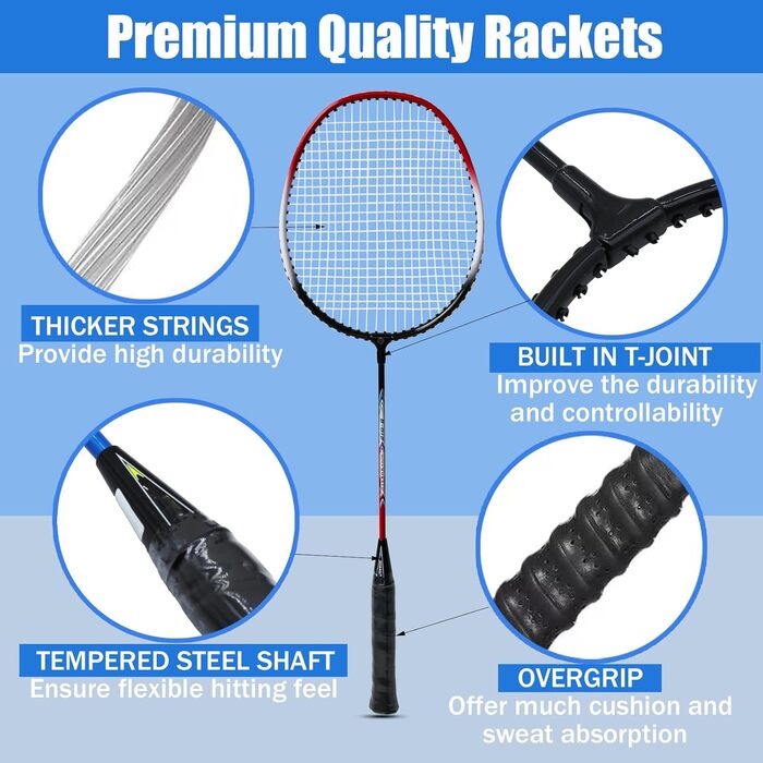 Набір для бадмінтону Magicorange 4 шт. для ігор на вулиці, включає 4 ракетки, 4 волани, 4 запасні намотки та 1 сумка. Червоний та зелений колір